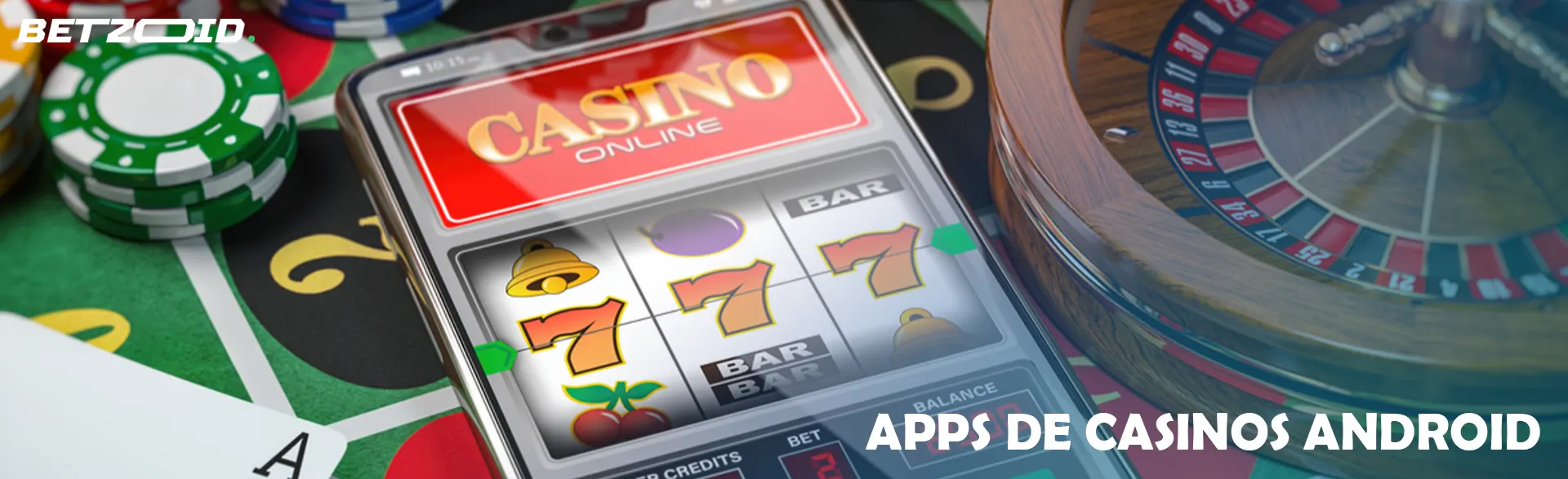 Un teléfono inteligente virtual rodeado de fichas, cartas y ruleta.