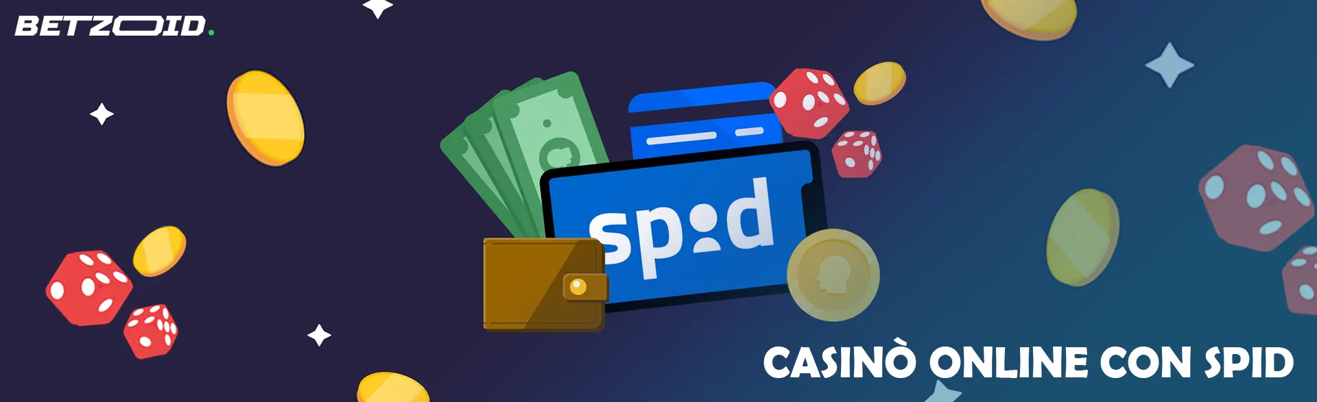 Illustrazione di SPID su smartphone con portafoglio, denaro, monete e dadi.