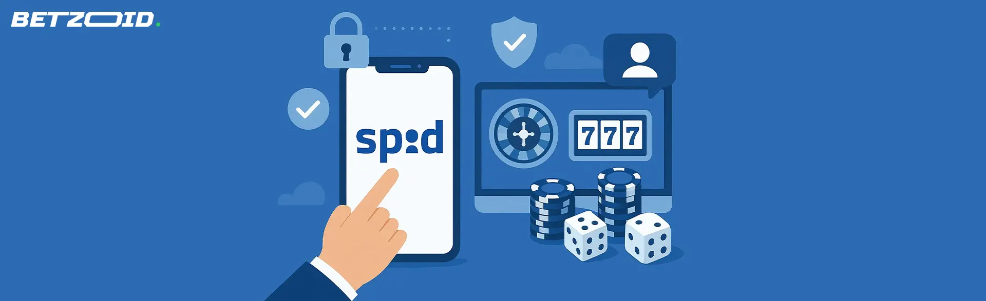 Uno smartphone con SPID, una cassaforte nelle vicinanze, una slot machine 777, fiches e dadi.