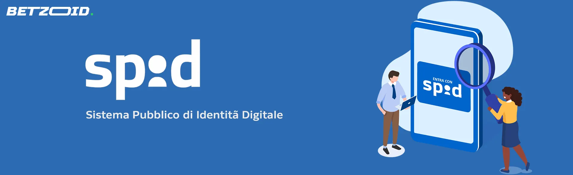 Il logo SPID, accanto al quale si trova l'illustrazione di persone vicino a uno smartphone.