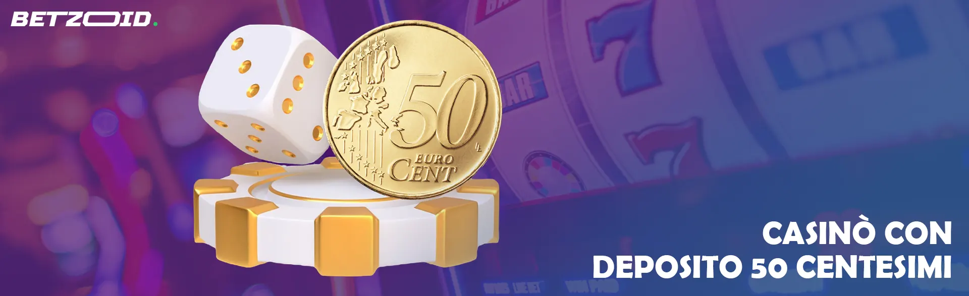 Un cubo da gioco e una moneta da 50 centesimi di euro su una fiche da casinò.