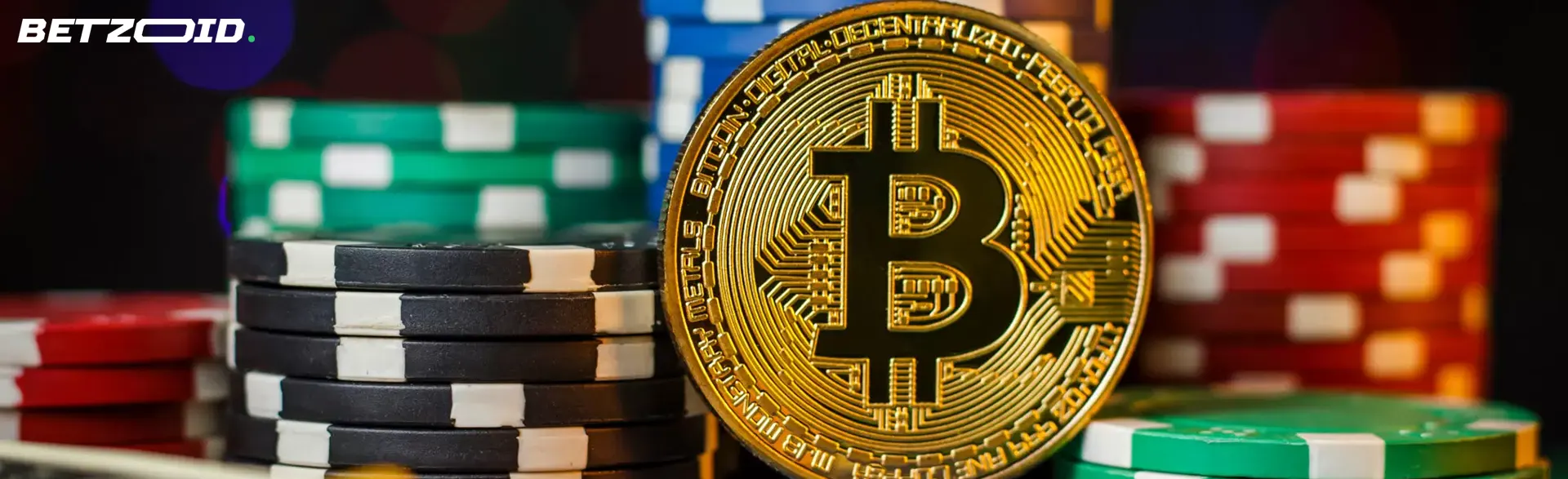 Bitcoin coin next to poker chips.