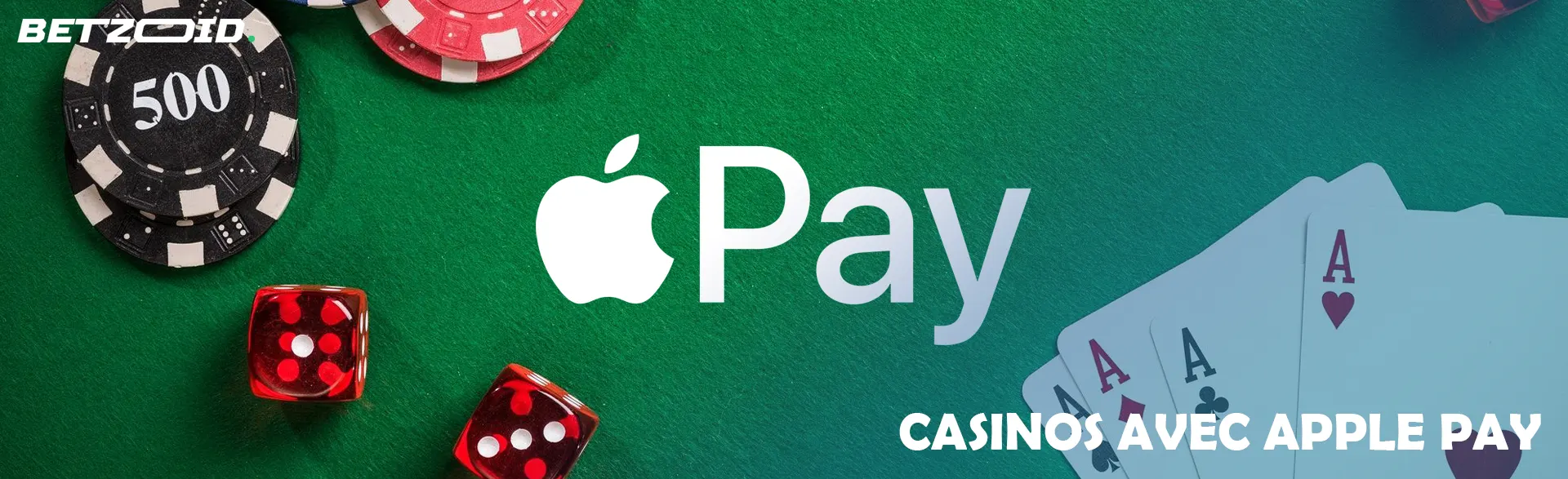 Logo Apple Pay sur fond de cartes, dés et jetons de poker.