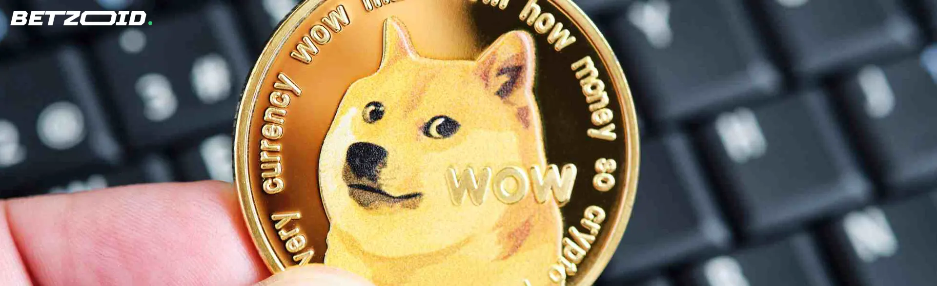Pièce de crypto-monnaie Dogecoin sur fond de clavier.