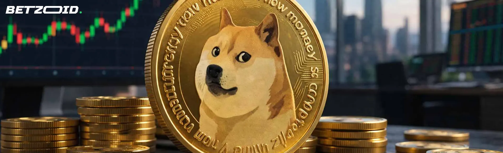Pièces de crypto-monnaie Dogecoin sur le fond des graphiques.