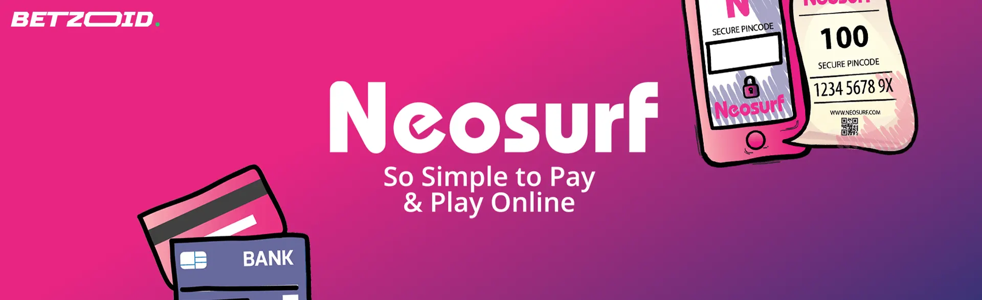 Logo Neosurf avec cartes bancaires virtuelles, smartphone et bon d'achat.
