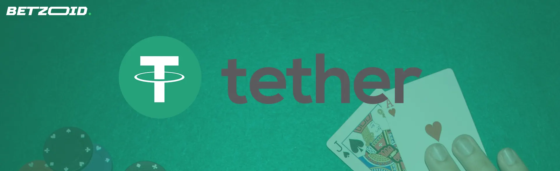 Logo Tether sur fond de cartes à jouer et de jetons de poker.