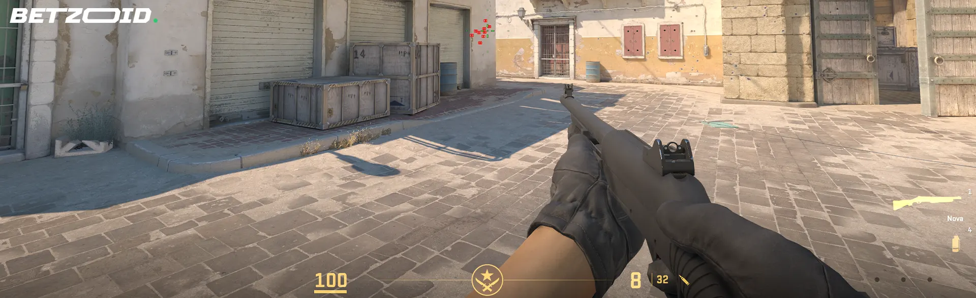First-person view of the desert map in CS2.