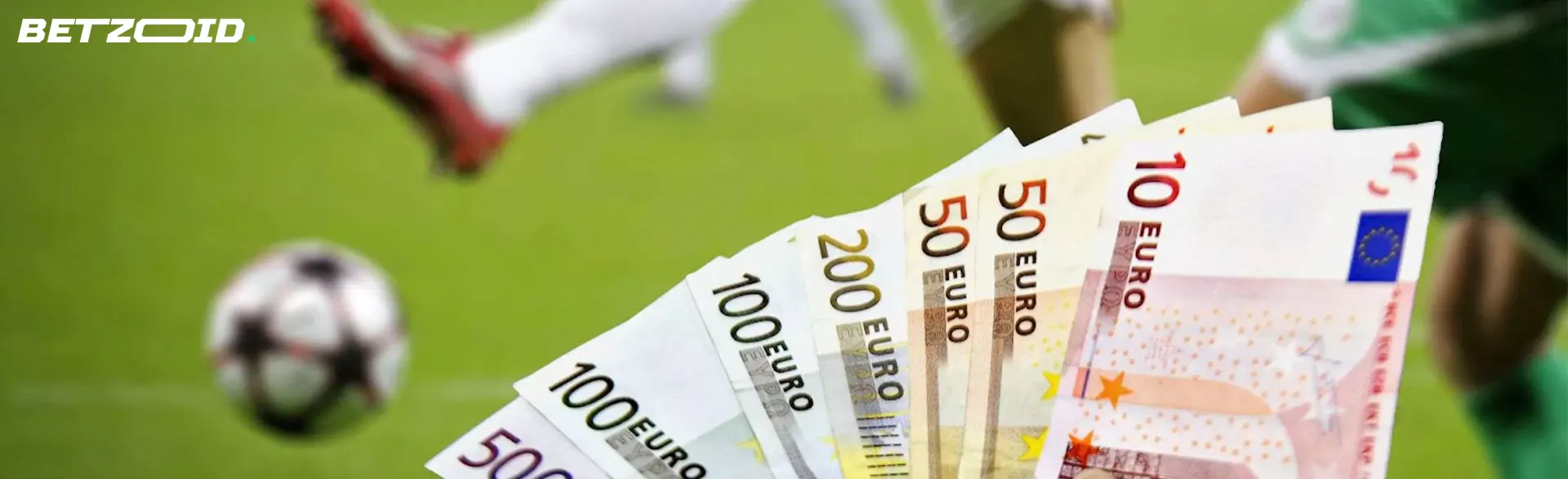 Billets en euros sur fond d'un joueur de football avec un ballon.