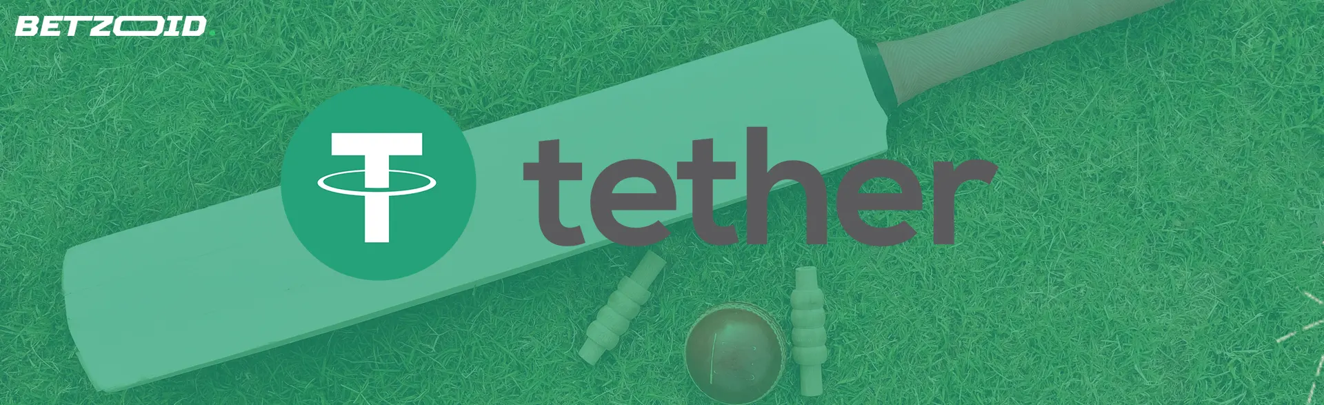Logo de crypto-monnaie Tether sur fond de batte de cricket et de balle.