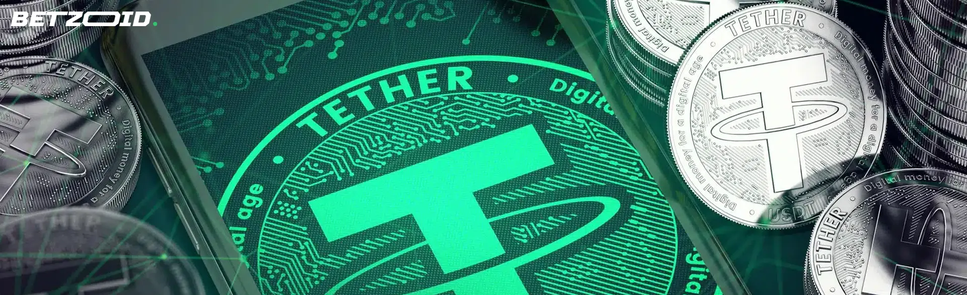 Smartphone avec Tether entouré de pièces de crypto-monnaie Tether.