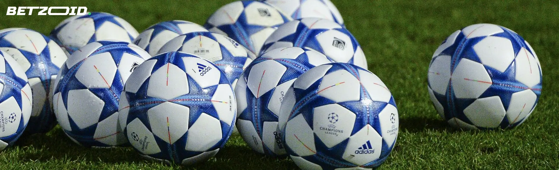 Un tas de ballons de football repose sur l’herbe.