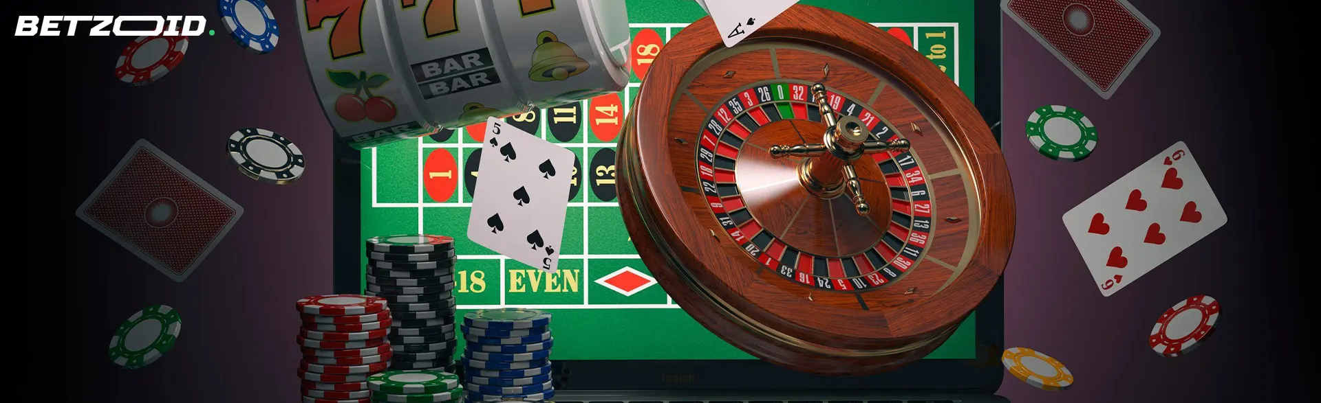 Roleta, slot machines, cartões e fichas no fundo do ecrã do portátil.