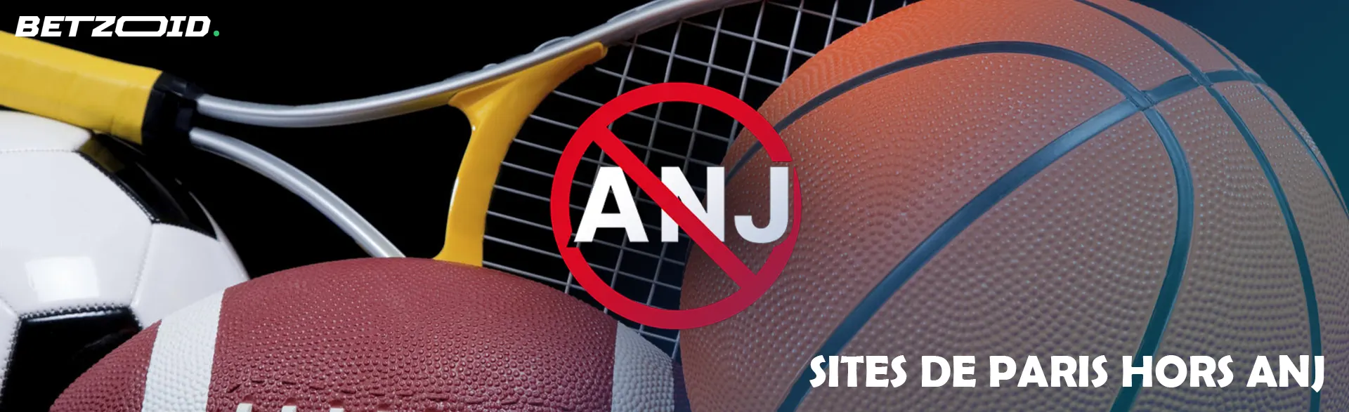 Logo ANJ croisé sur fond de diverses balles et raquettes de sport.