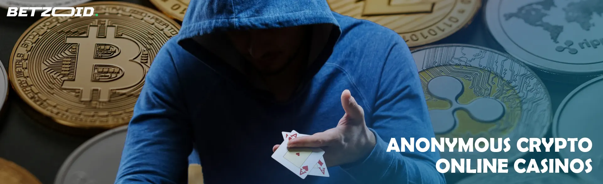 A hooded player holds cards against a background of cryptocurrency coins.