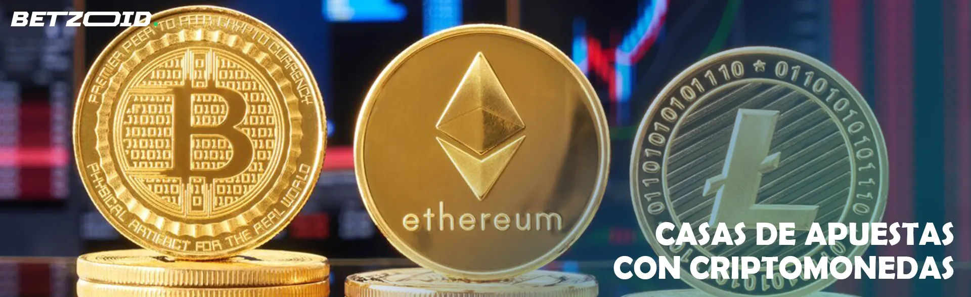 Monedas de diversas criptomonedas sobre un fondo de gráficos.
