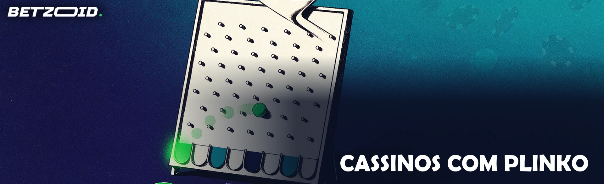 Ilustração de um tabuleiro de Plinko inclinado à esquerda, com bolas coloridas entrando pelo funil, uma bola descendo entre os pinos e fichas de cassino na base.