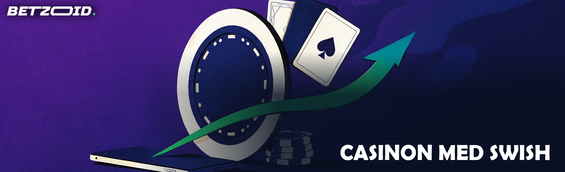 Illustration av en stor casinomarker med spelkort och en grön pil som slingrar sig från en mobiltelefon till markerna.