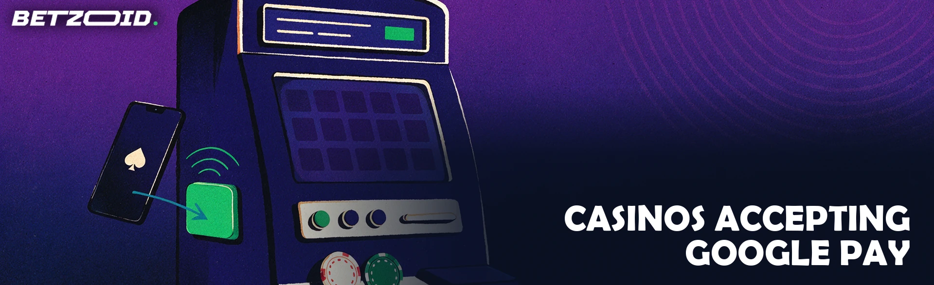 Illustration of a smartphone tapping a contactless pad on the side of a slot machine cabinet with casino chips nearby.