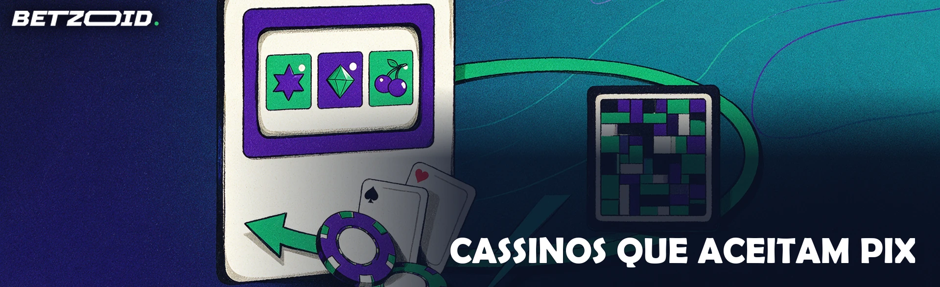 Ilustração com janela de rolos de caça-níqueis, fichas e cartas ligadas por uma seta circular a um código quadrado de pagamento.