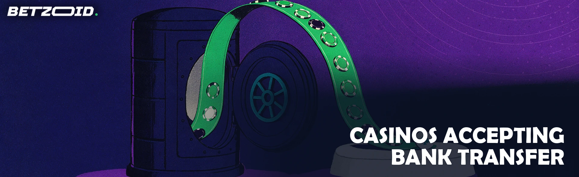 Illustration of an open cylindrical vault with a green ribbon arcing out and carrying casino chips onto a small platform.