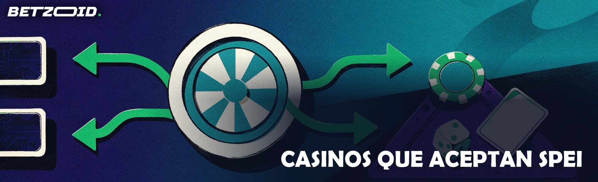 Ilustración de un centro circular de transferencias con flechas verdes que conectan tarjetas bancarias con una mesa de casino, fichas, un dado y una carta.