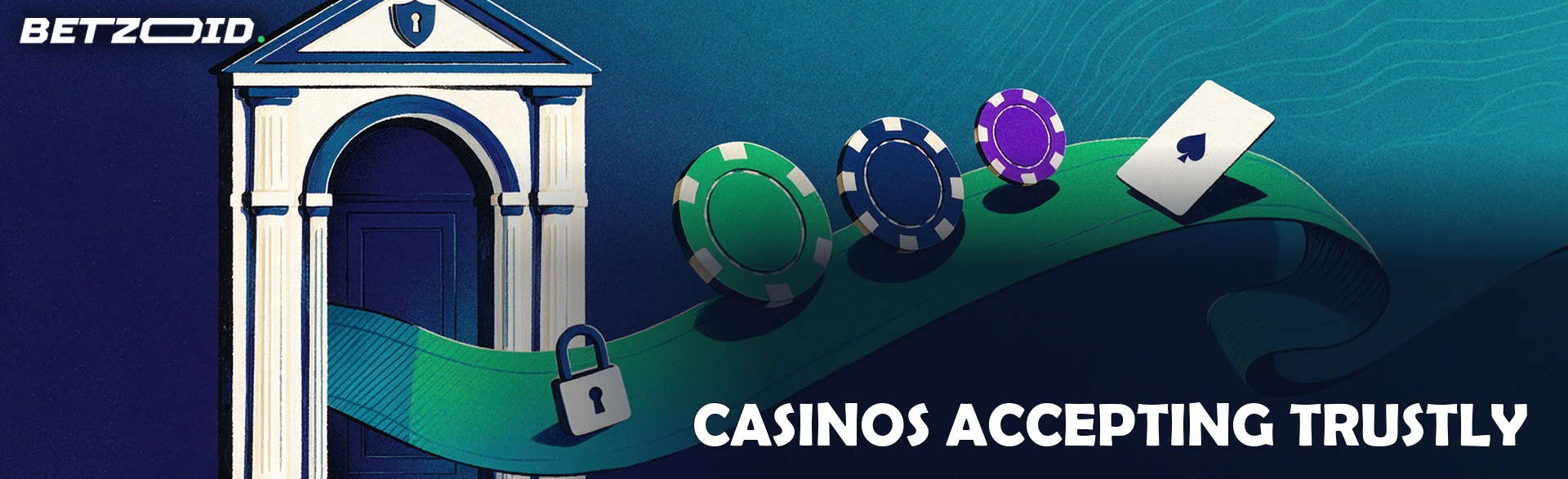 Illustration of an arched bank gateway with a flowing ribbon carrying casino chips, a playing card and a padlock.