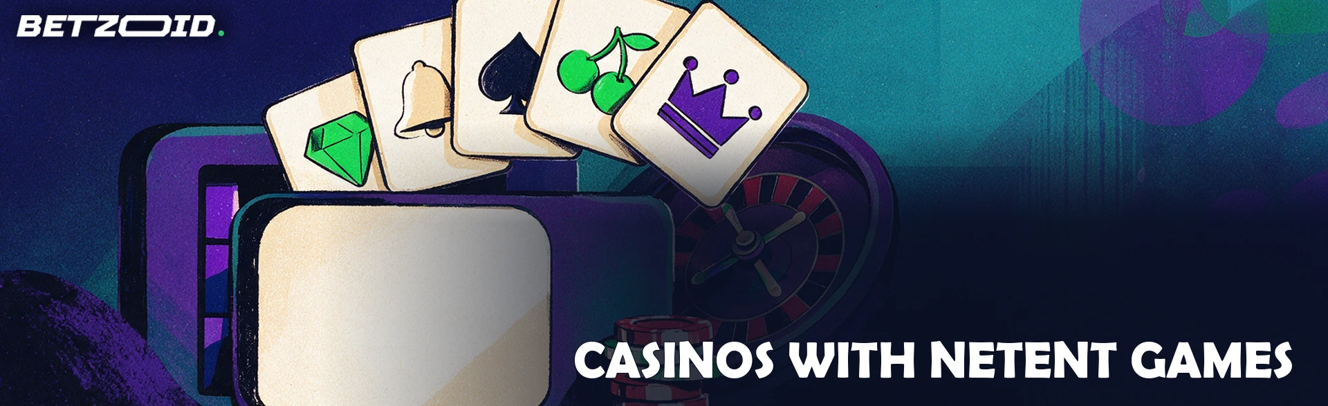 Illustration of an open slot cabinet releasing a fan of casino game tiles above a roulette wheel rim and chip stack.