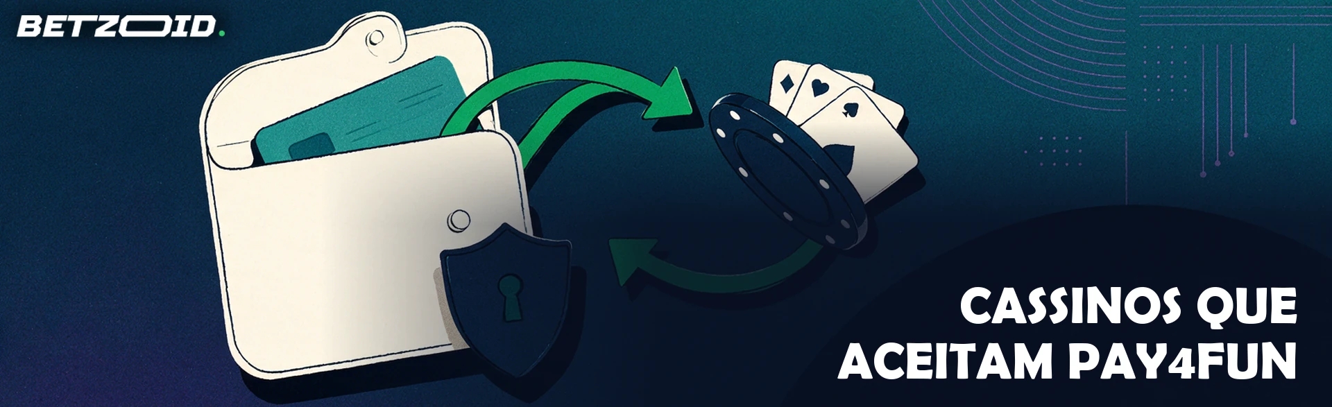 Ilustração de uma carteira digital com escudo de cadeado ligada por setas verdes de ida e volta a uma ficha de cassino e cartas de baralho.