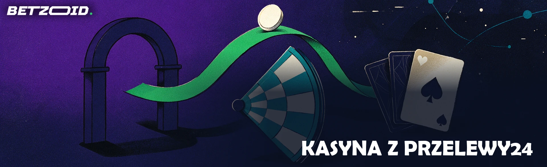 Ilustracja: zielona wstęga płynie od stylizowanego banku nad kołem ruletki do wachlarza kart do gry.