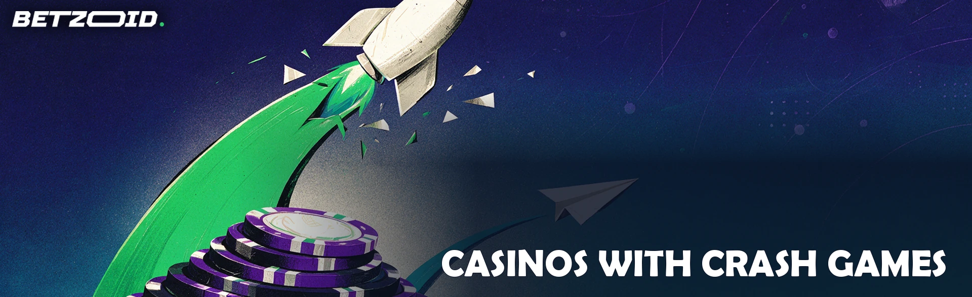 Illustration of a rocket bursting through a steep rising curve above a launch pad of casino chips, with a paper plane on a lower curve.
