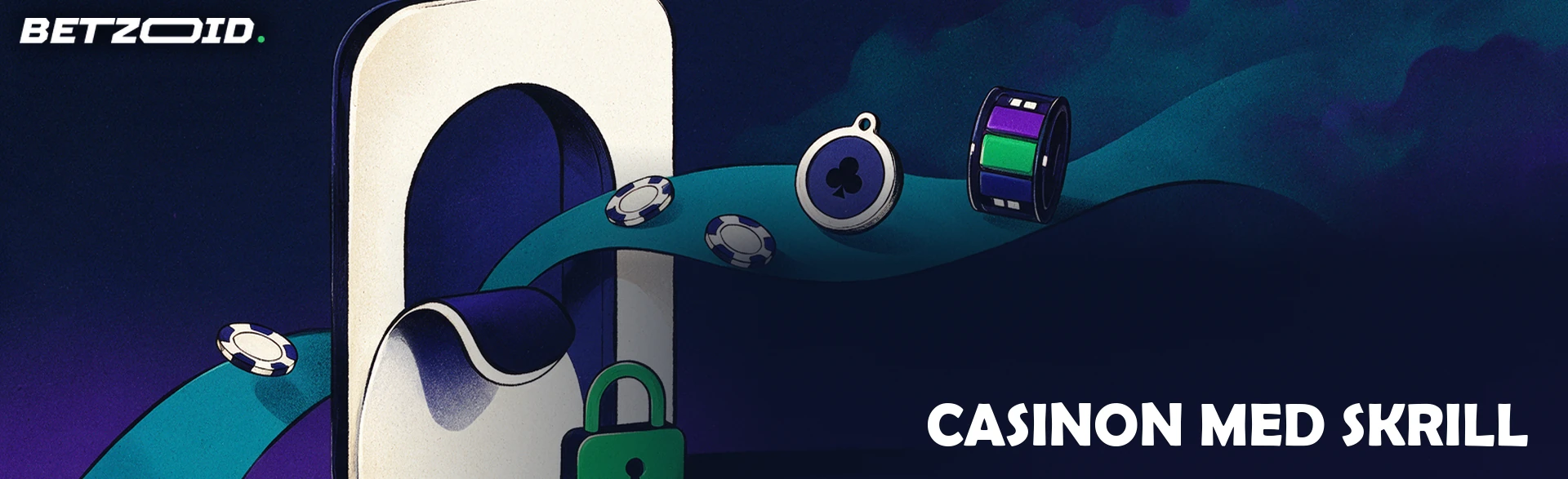 Illustration av en öppen digital plånbok som formar en portal där casinomarker, spelkort och en spelautomatsrulle strömmar ut längs ett band, med ett hänglås vid basen.