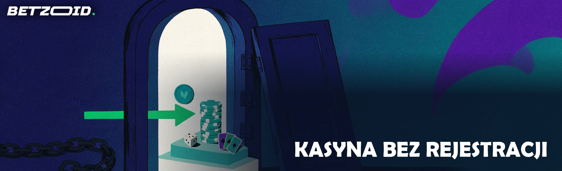 Ilustracja: otwarta brama bez drzwi, przez którą zielona strzałka z monetą wprowadza żetony, kostkę i symbole kart.