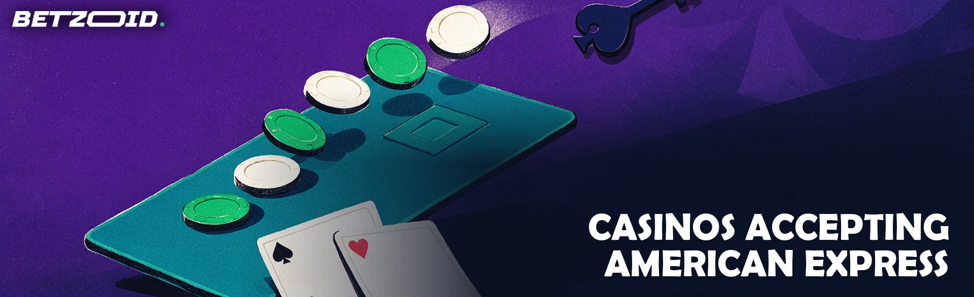 Illustration of a tilted blank teal charge card acting as a ramp for casino chips rolling upward beside playing cards with suit symbols.