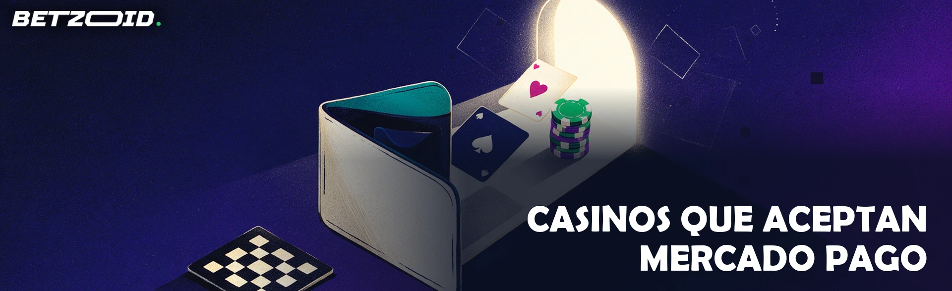 Ilustración isométrica de una cartera abierta que forma una rampa por la que suben cartas de juego y fichas de casino hacia un arco luminoso.