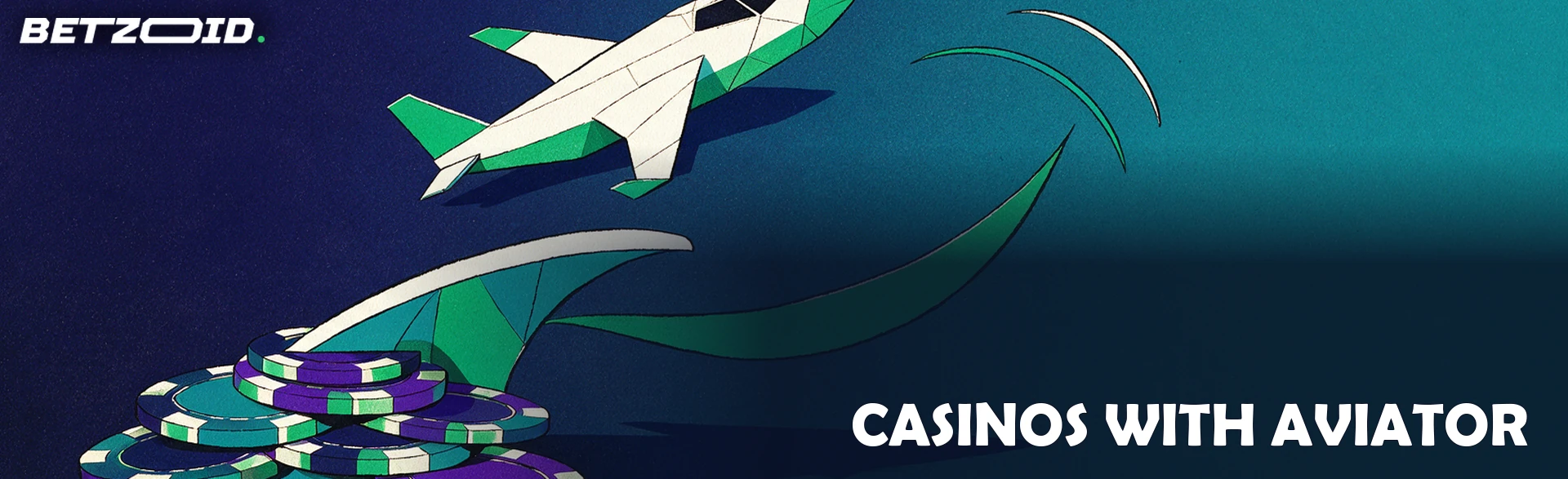 Illustration of a plane taking off from a ramp of stacked casino chips, trailing a rising green ribbon across a navy sky.