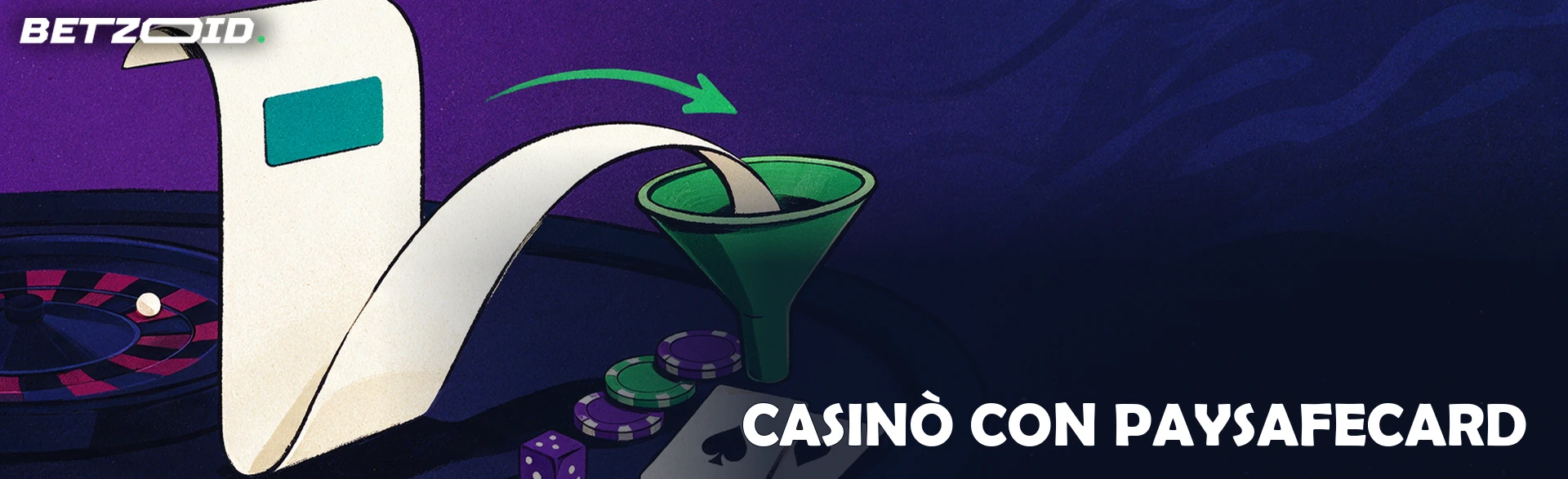 Illustrazione di un voucher prepagato che si trasforma in nastro di carta e scende in un imbuto di deposito accanto a fiche, carte da gioco e un dado