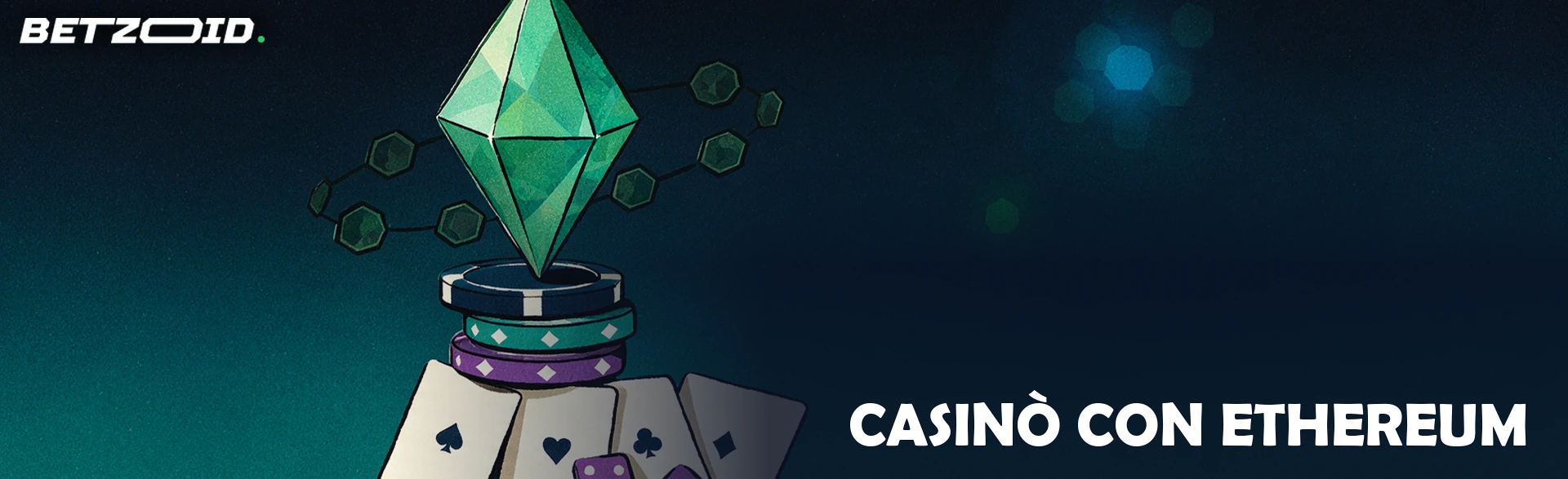 Illustrazione di un grande cristallo sfaccettato su un piedistallo di fiches da casinò, circondato da un anello di blocchi esagonali con carte da gioco e dadi alla base.