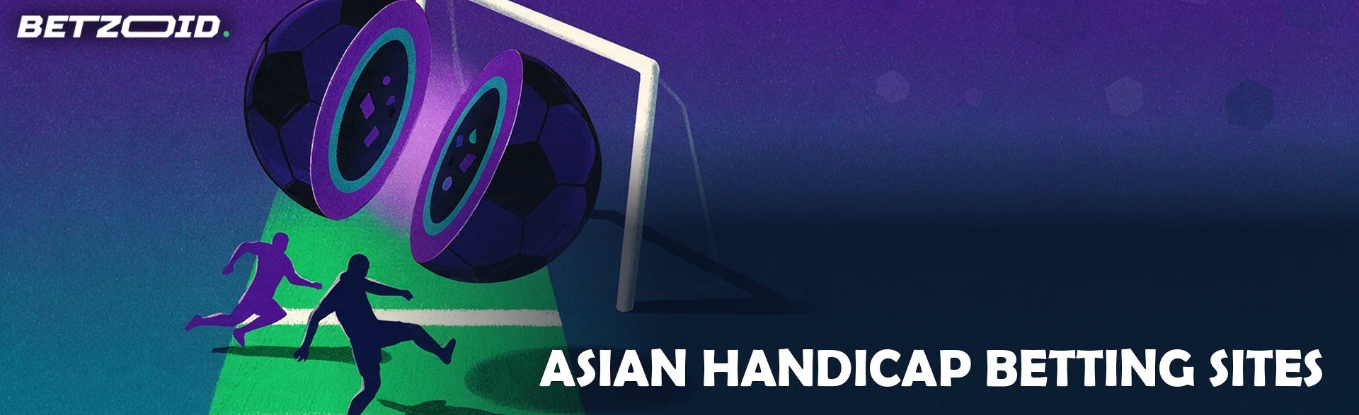 Illustration of a football split into two halves above a pitch where two abstract players stand on staggered chalk start lines beside a goal frame.