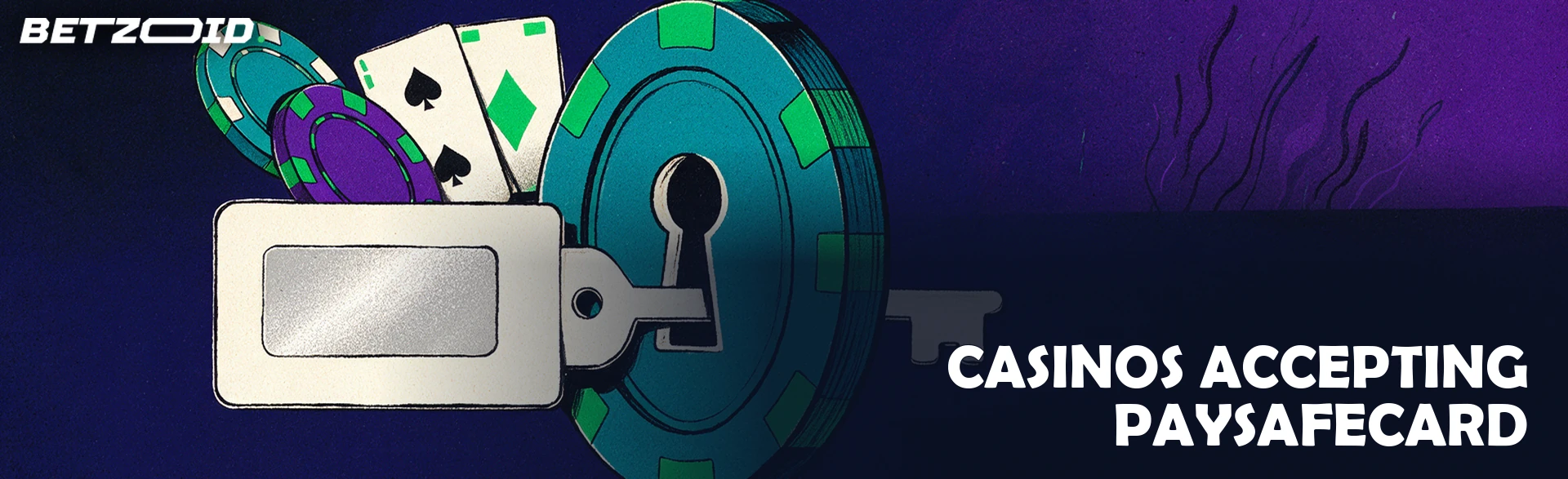 Illustration of a prepaid voucher shaped like a key entering a keyhole in a large casino chip beside playing cards.