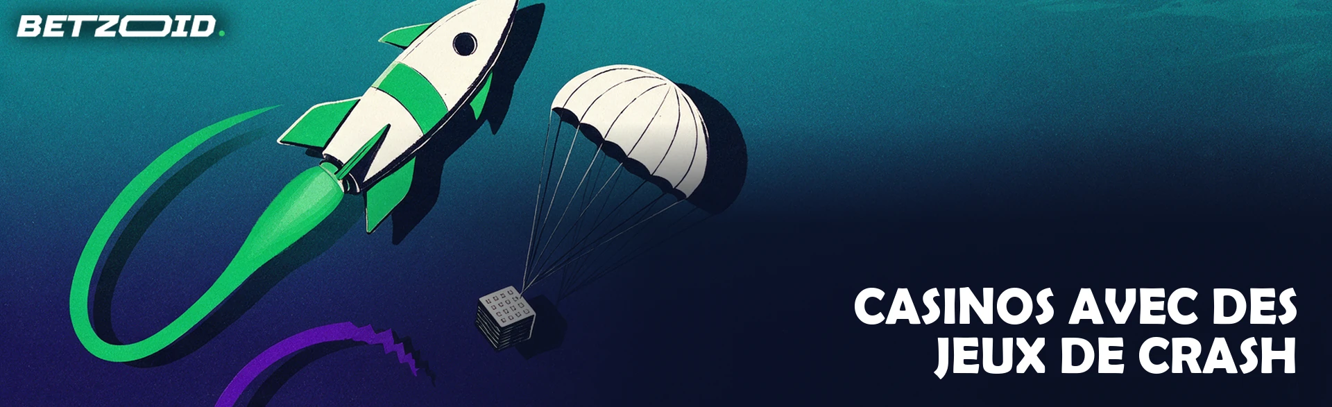 Illustration d'une fusée montant le long d'un arc vert tandis qu'un parachute emporte des jetons, avec une courbe brisée en contrebas.