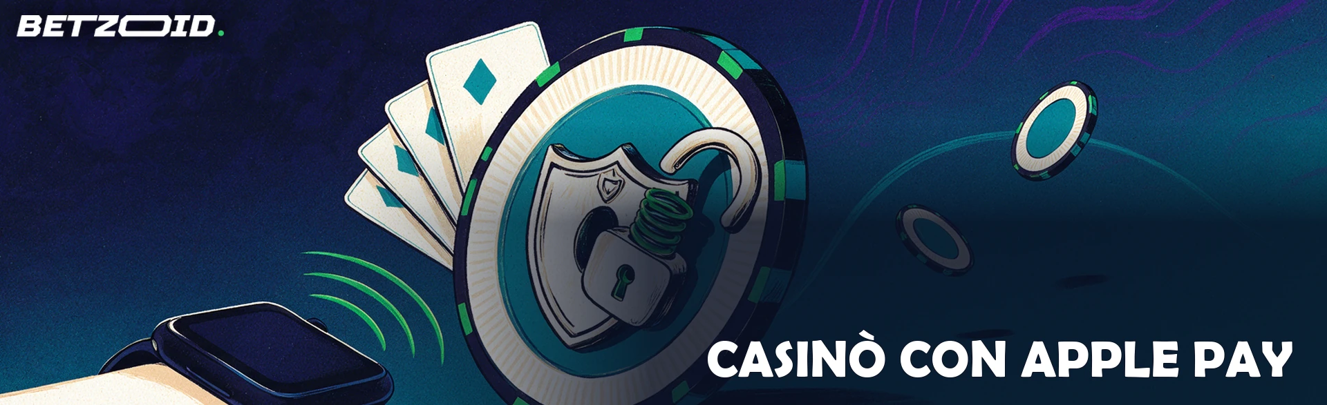 Illustrazione di una grande fiche da casinò con lucchetto che si apre, avvicinata da uno smartwatch con onde contactless verdi e un ventaglio di carte