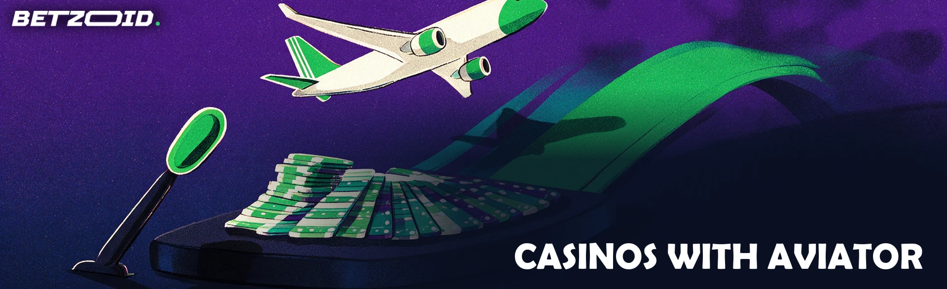 Illustration of a stylised aeroplane lifting off a fan of casino chips on a rising green curve, with a lever beside the platform.