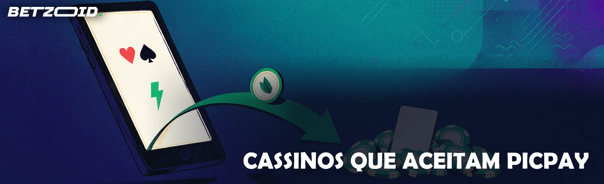 Ilustração de um smartphone inclinado com símbolos de cartas e um raio na tela, enviando uma faixa verde com uma moeda até um conjunto de fichas de cassino e uma carta.