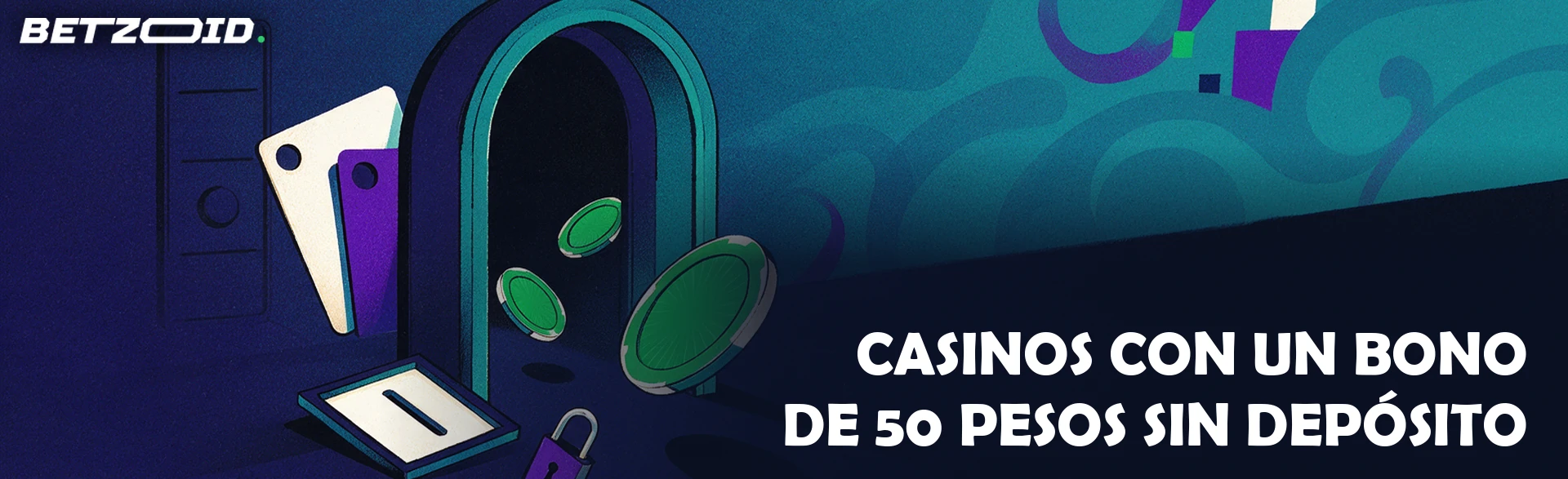 Ilustración de una ficha de casino grande que atraviesa una puerta abierta sin ranura de monedas, con un candado abierto, cartas y un rodillo de tragamonedas al fondo.