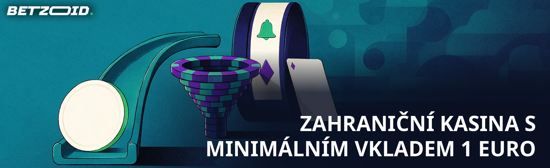 Ilustrace velké mince, která se kutálí po zakřivené rampě do trychtýře ze složených kasinových žetonů, vedle válce hracího automatu.