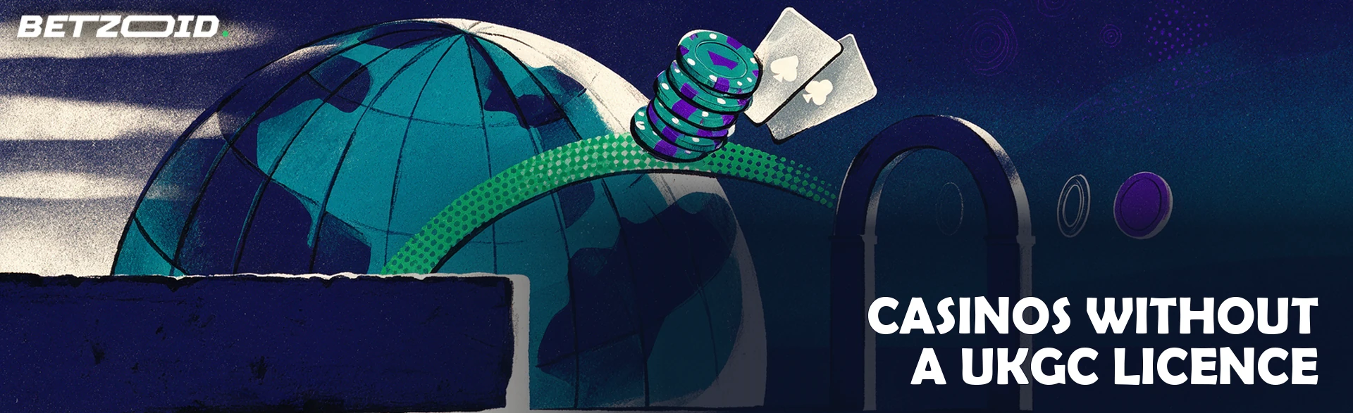 Illustration of casino chips and cards arcing over a boundary wall from a stylised globe toward an open archway marked with plain certification medallions.