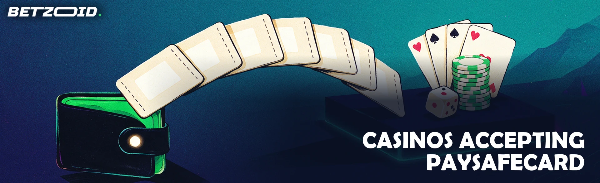 Illustration of prepaid voucher cards forming a bridge from a wallet to a platform holding casino chips, playing cards and a die.
