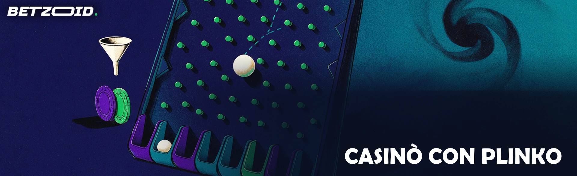 Illustrazione di un grande tabellone Plinko inclinato con pallina in caduta, caselle di raccolta e due gettoni da casinò accanto.