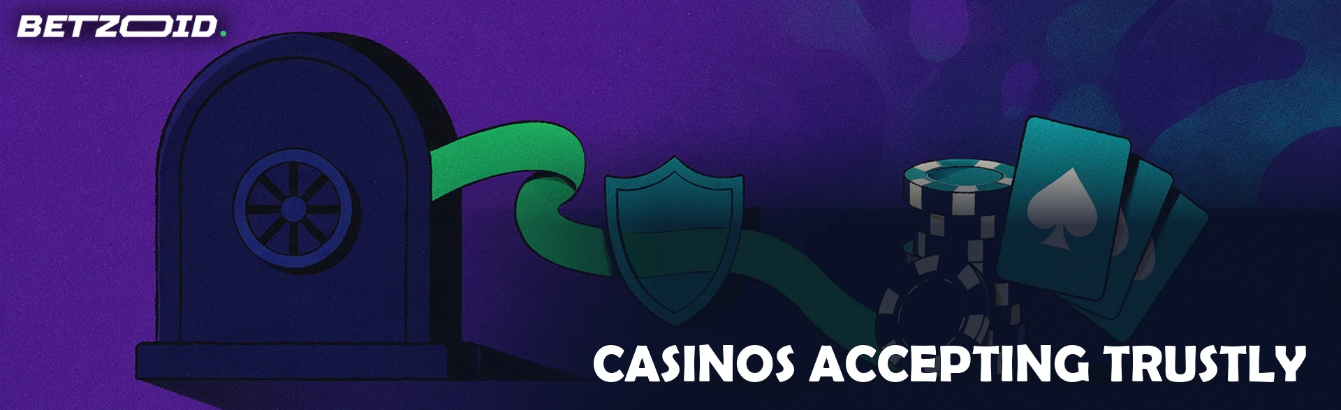 Banner illustration of a bank arch sending a green stream through a shield into casino chips and cards